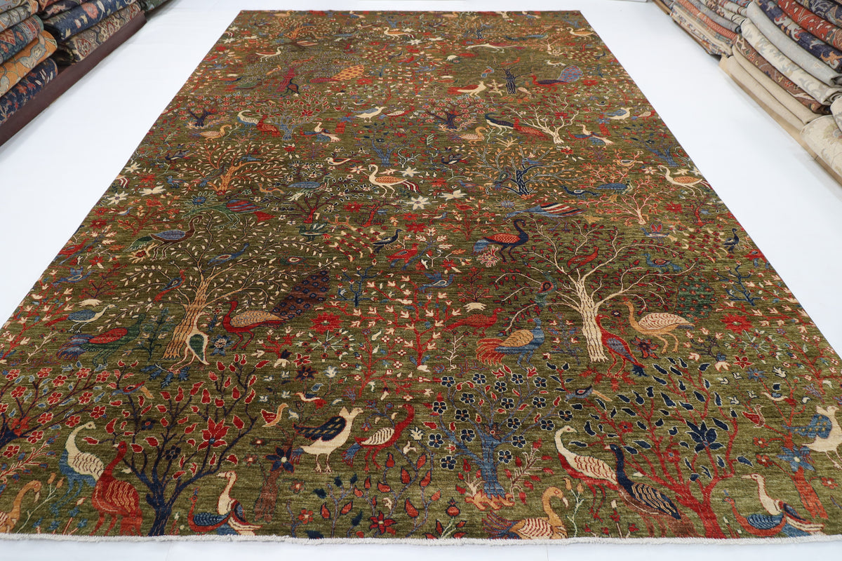 302 x 418 cm | Birds Green Design Hand Knotted Wool Afghan Carpet