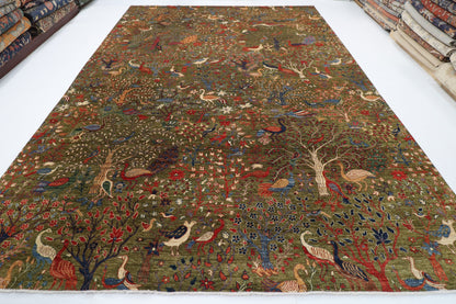 302 x 418 cm | Birds Green Design Hand Knotted Wool Afghan Carpet