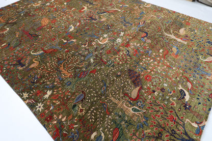 302 x 418 cm | Birds Green Design Hand Knotted Wool Afghan Carpet