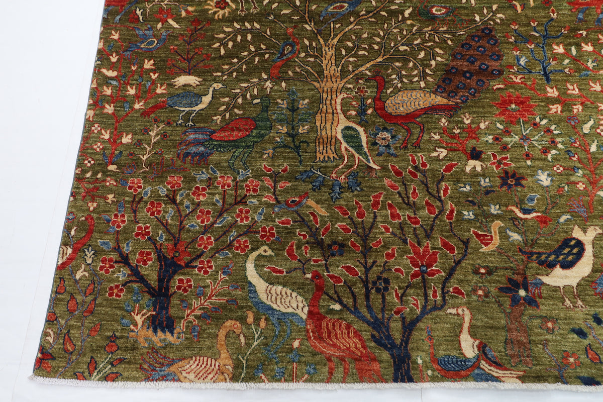 302 x 418 cm | Birds Green Design Hand Knotted Wool Afghan Carpet
