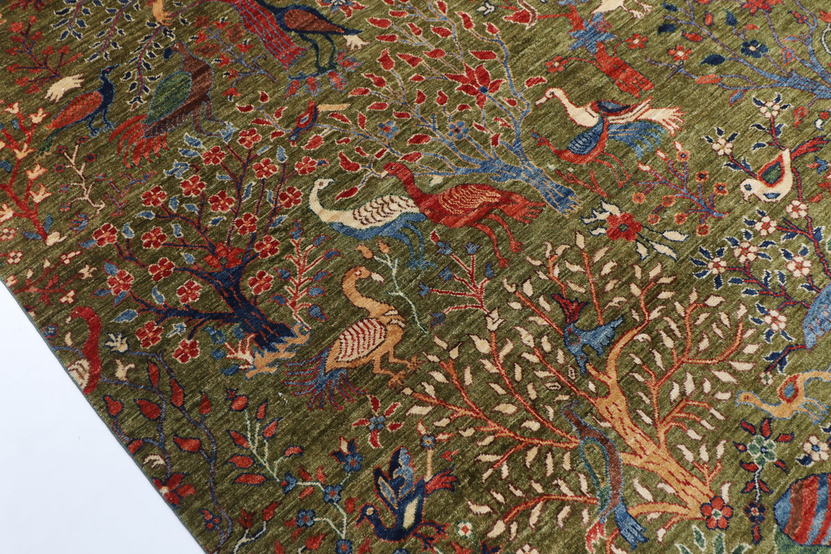 302 x 418 cm | Birds Green Design Hand Knotted Wool Afghan Carpet