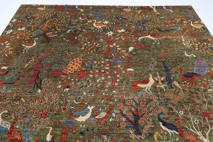 302 x 418 cm | Birds Green Design Hand Knotted Wool Afghan Carpet
