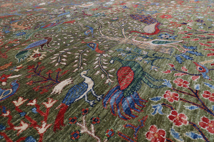302 x 418 cm | Birds Green Design Hand Knotted Wool Afghan Carpet