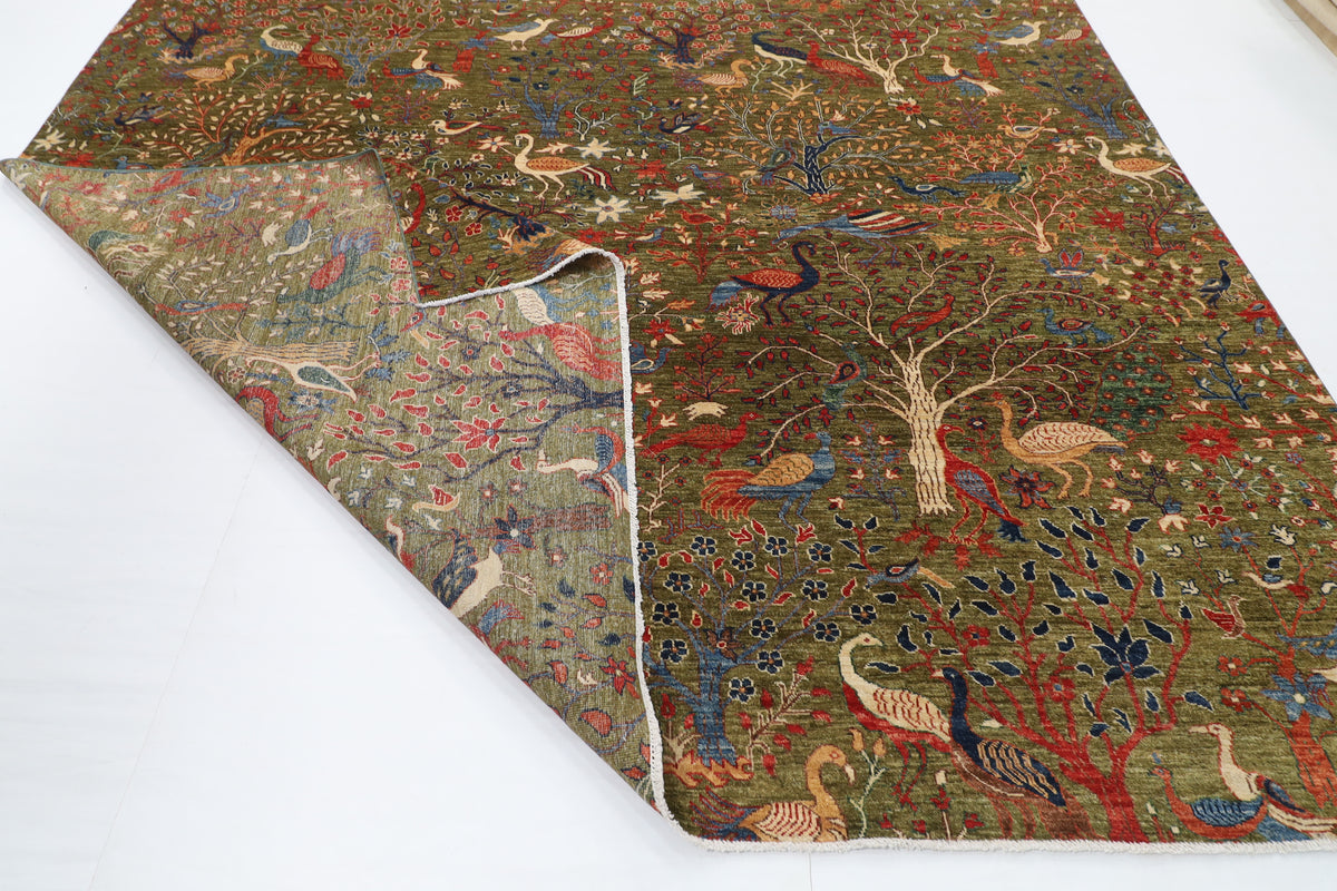 302 x 418 cm | Birds Green Design Hand Knotted Wool Afghan Carpet