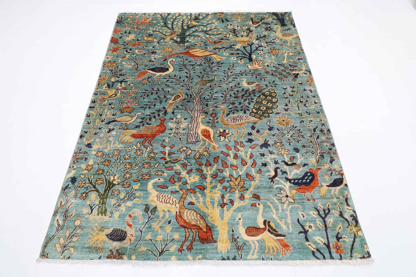 158 x 200 cm | Birds Blue Oriental Area Rug Afghan Hand Knotted Veg Dye Wool carpet