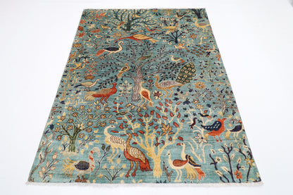 158 x 200 cm | Birds Blue Oriental Area Rug Afghan Hand Knotted Veg Dye Wool carpet