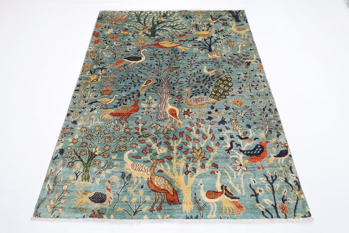 158 x 200 cm | Birds Blue Oriental Area Rug Afghan Hand Knotted Veg Dye Wool carpet