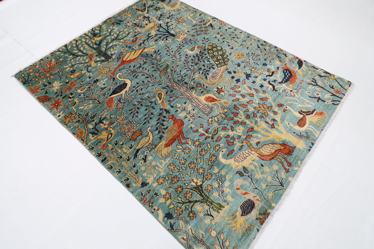 158 x 200 cm | Birds Blue Oriental Area Rug Afghan Hand Knotted Veg Dye Wool carpet