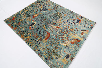 158 x 200 cm | Birds Blue Oriental Area Rug Afghan Hand Knotted Veg Dye Wool carpet