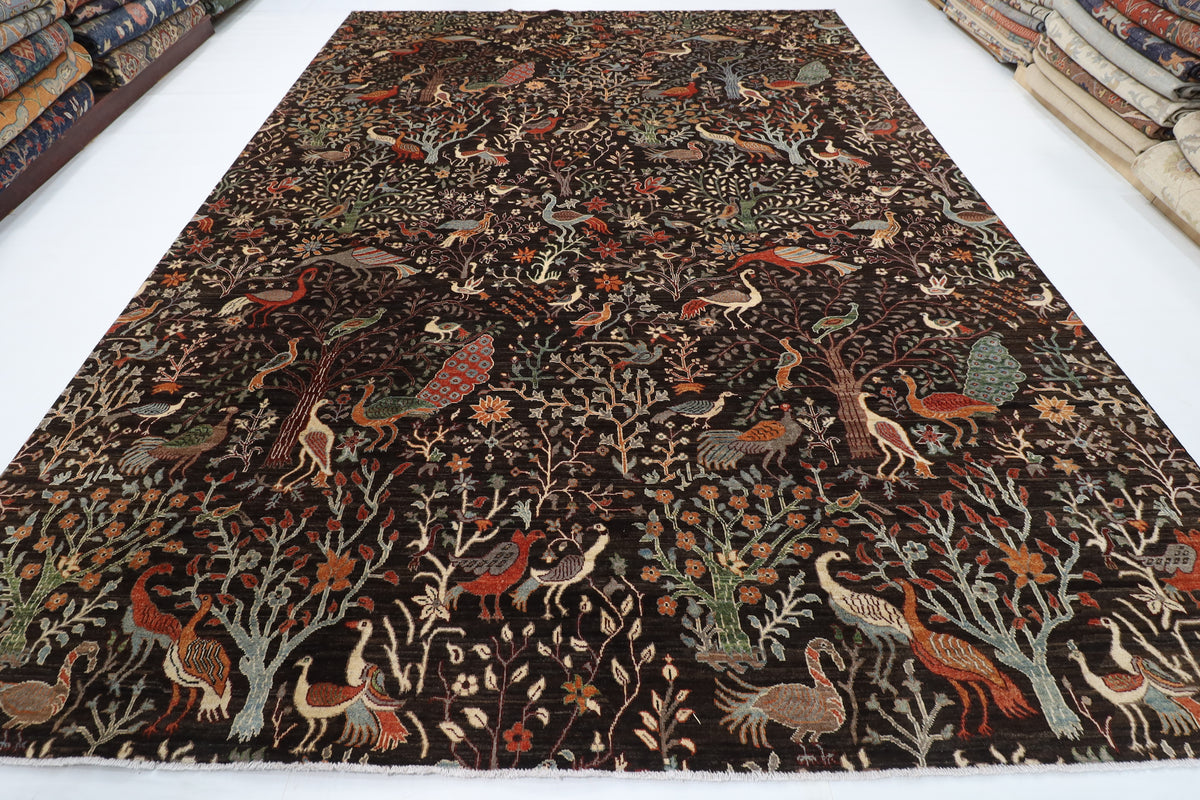 307 x 422 cm | Birds Dark Brownish Design Hand Knotted Wool Afghan Carpet