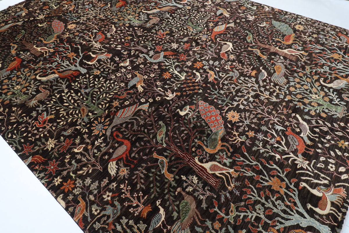 307 x 422 cm | Birds Dark Brownish Design Hand Knotted Wool Afghan Carpet