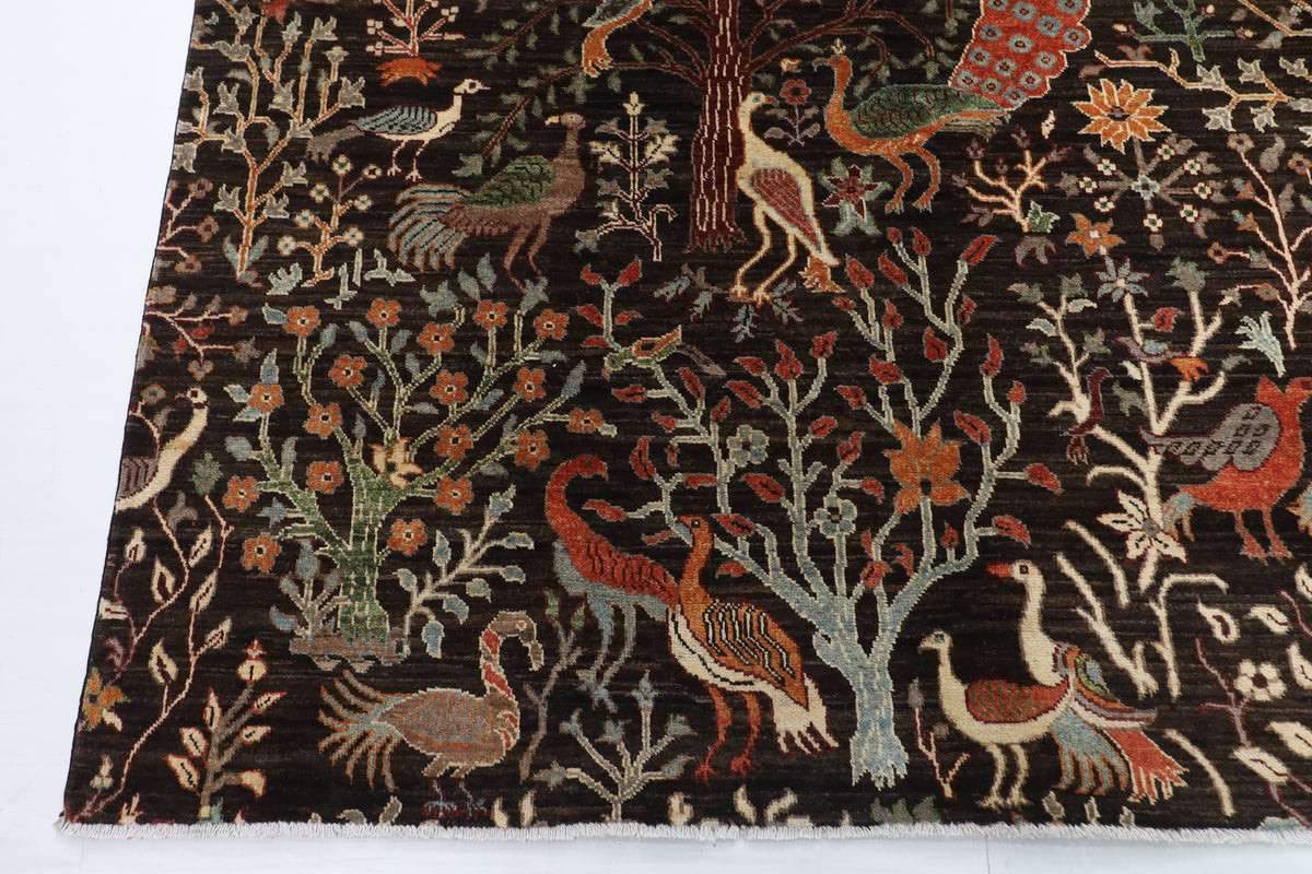 307 x 422 cm | Birds Dark Brownish Design Hand Knotted Wool Afghan Carpet