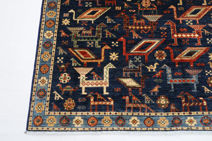 187 x 276 cm | Oriental Birds Blue Area Rug Afghan Hand Knotted Veg Dye Wool carpet