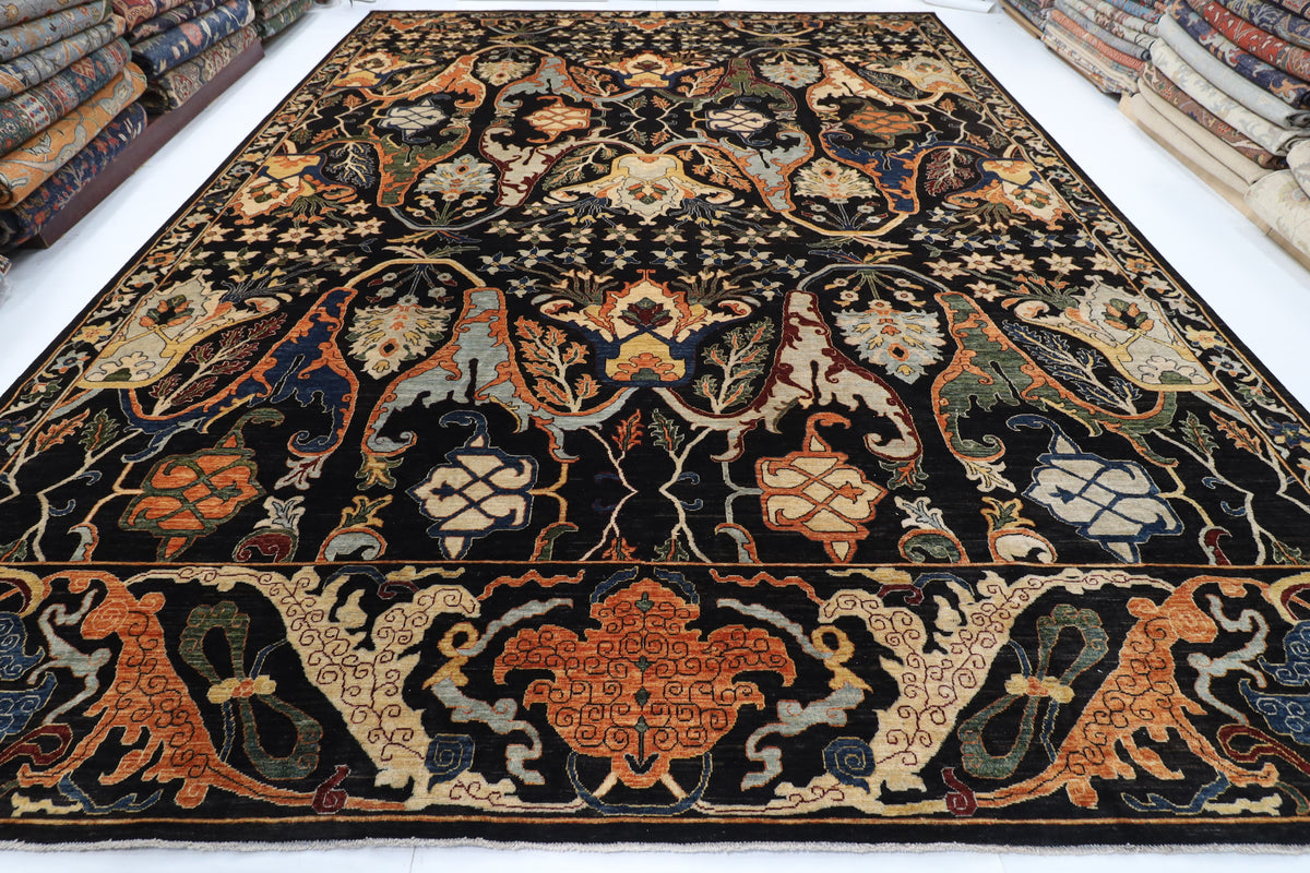 367 x 488 cm | kawros Black Design Hand Knotted Wool Afghan Carpet