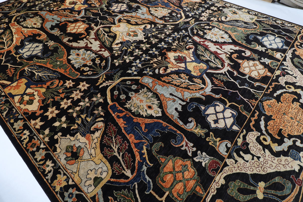 367 x 488 cm | kawros Black Design Hand Knotted Wool Afghan Carpet