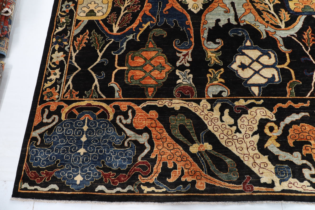 367 x 488 cm | kawros Black Design Hand Knotted Wool Afghan Carpet