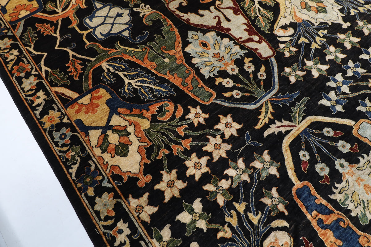 367 x 488 cm | kawros Black Design Hand Knotted Wool Afghan Carpet