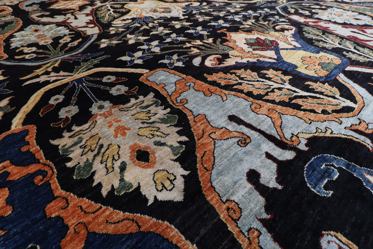 367 x 488 cm | kawros Black Design Hand Knotted Wool Afghan Carpet