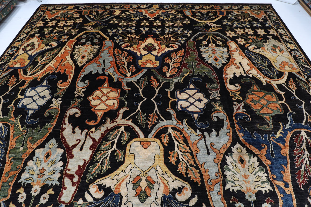 367 x 488 cm | kawros Black Design Hand Knotted Wool Afghan Carpet