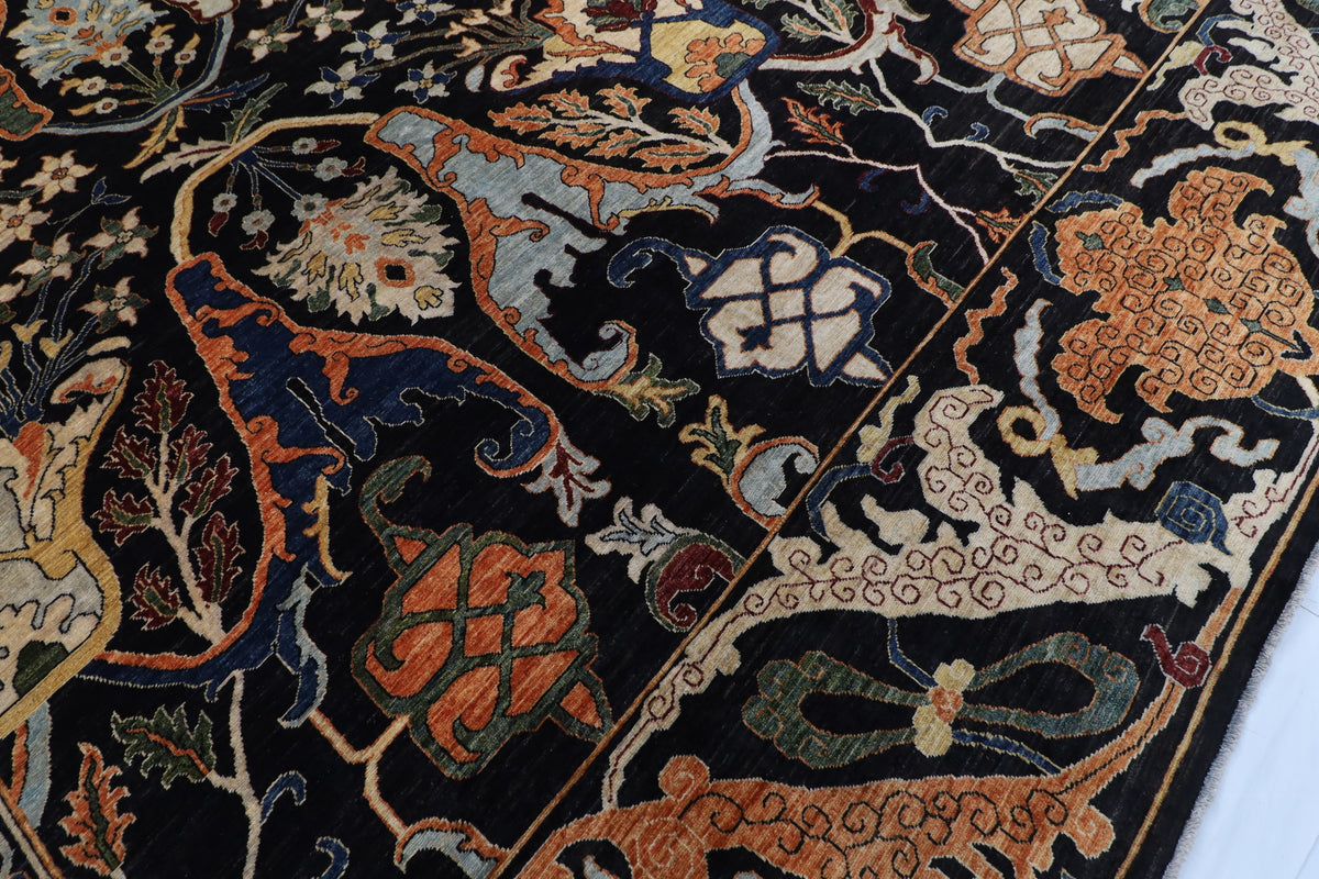 367 x 488 cm | kawros Black Design Hand Knotted Wool Afghan Carpet