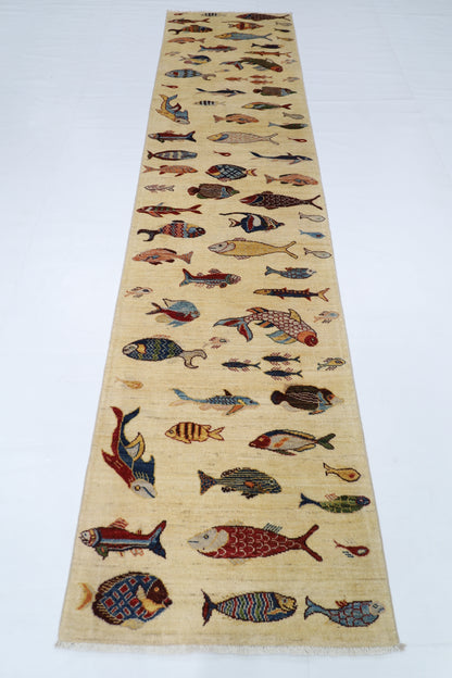83 x 344 cm | Fish Party Afghan Tribal Hand Knotted Veg Dye Wool Runner