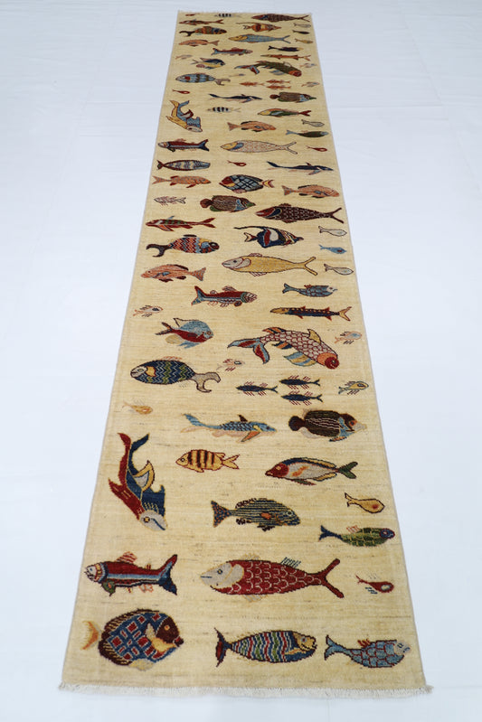 83 x 344 cm | Fish Party Afghan Tribal Hand Knotted Veg Dye Wool Runner