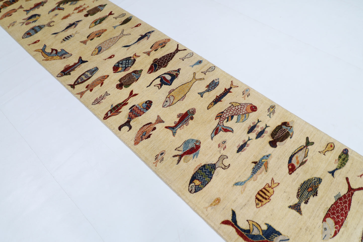 83 x 344 cm | Fish Party Afghan Tribal Hand Knotted Veg Dye Wool Runner