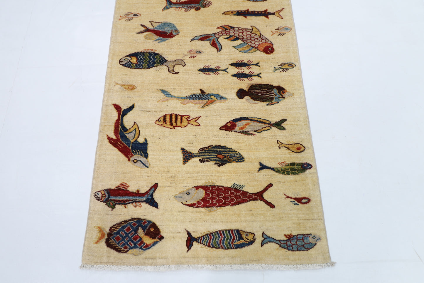 83 x 344 cm | Fish Party Afghan Tribal Hand Knotted Veg Dye Wool Runner