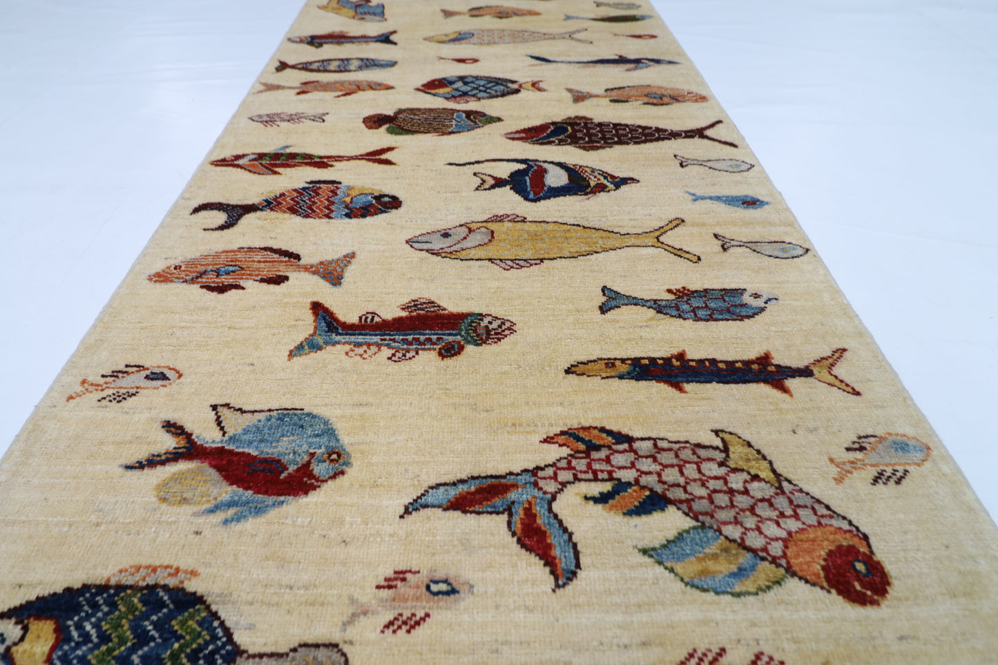 83 x 344 cm | Fish Party Afghan Tribal Hand Knotted Veg Dye Wool Runner