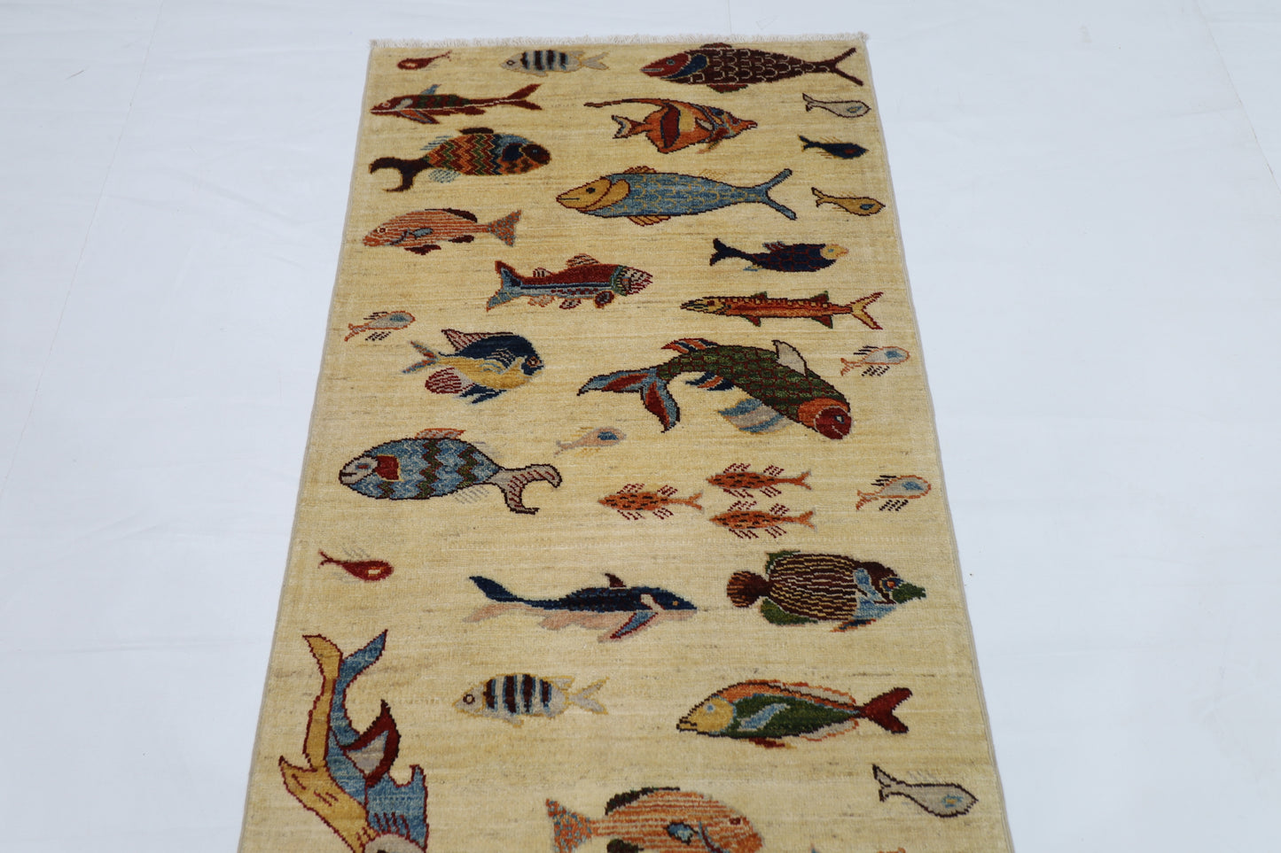 83 x 344 cm | Fish Party Afghan Tribal Hand Knotted Veg Dye Wool Runner