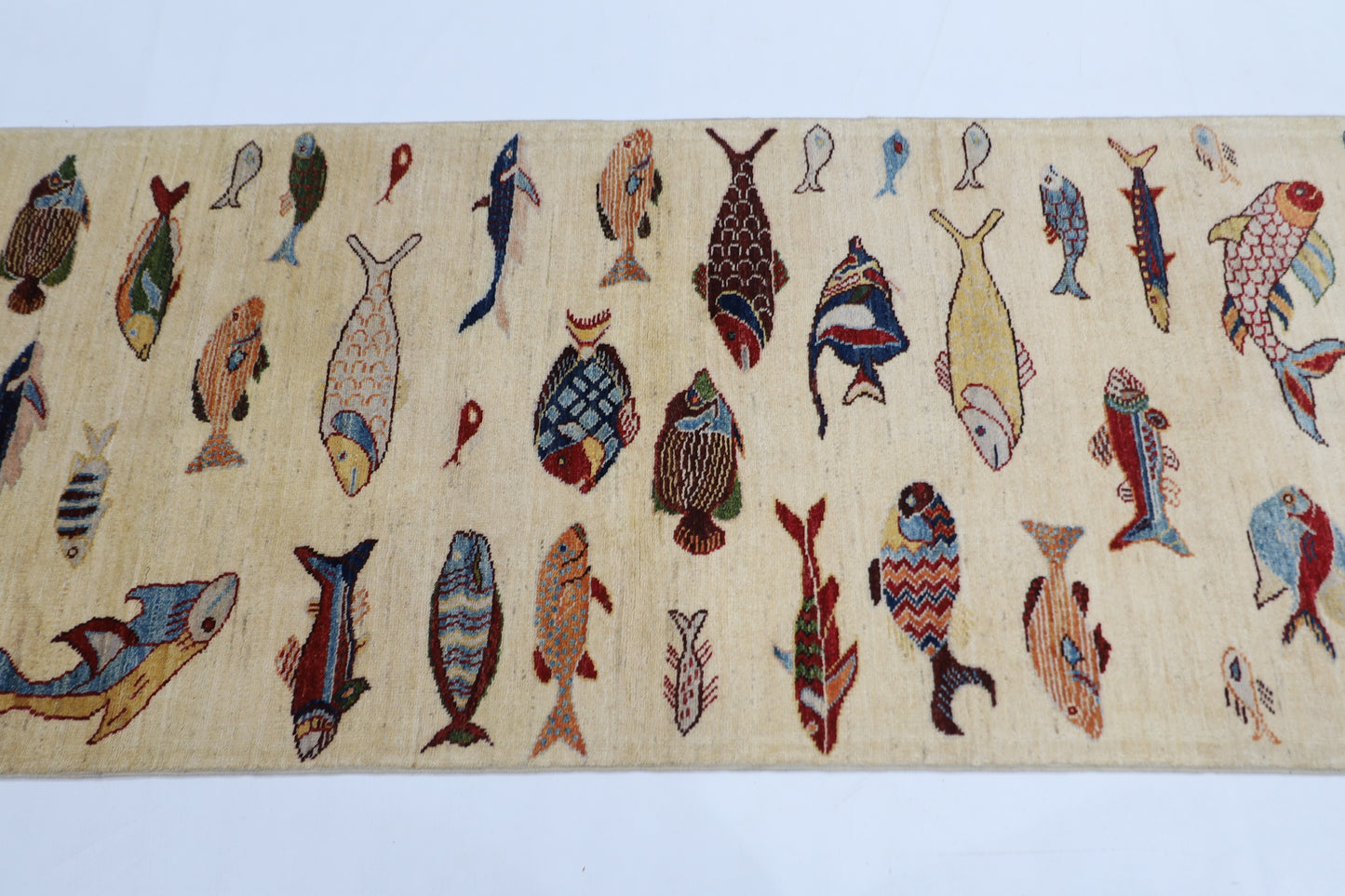 83 x 344 cm | Fish Party Afghan Tribal Hand Knotted Veg Dye Wool Runner