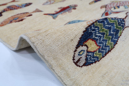 83 x 344 cm | Fish Party Afghan Tribal Hand Knotted Veg Dye Wool Runner