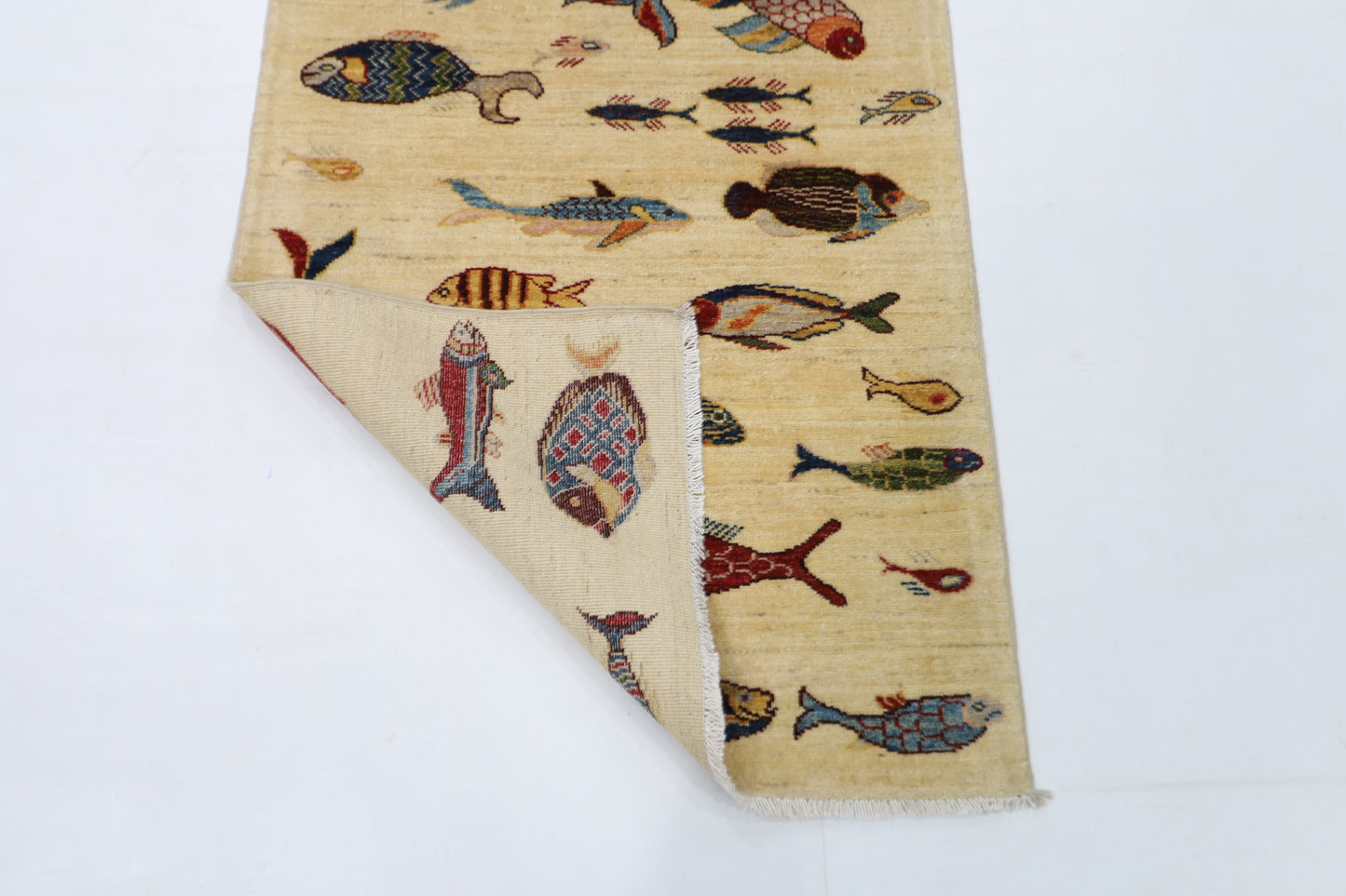 83 x 344 cm | Fish Party Afghan Tribal Hand Knotted Veg Dye Wool Runner