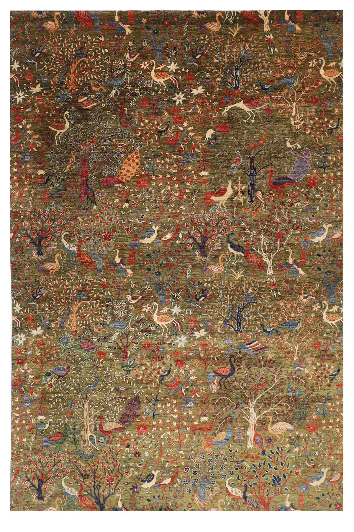 302 x 418 cm | Birds Green Design Hand Knotted Wool Afghan Carpet