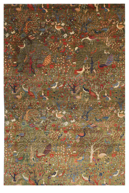 302 x 418 cm | Birds Green Design Hand Knotted Wool Afghan Carpet