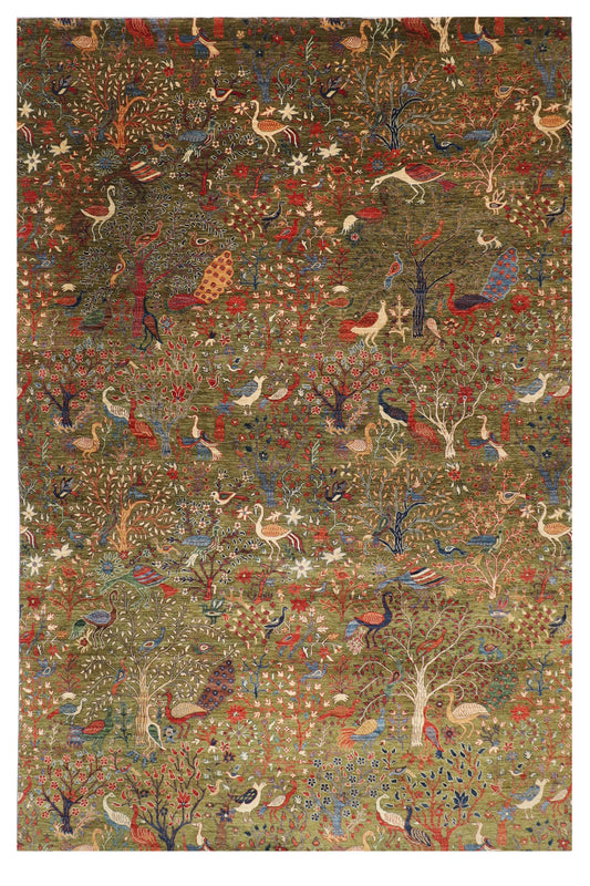 302 x 418 cm | Birds Green Design Hand Knotted Wool Afghan Carpet