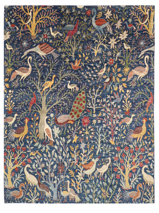 255 x 302 cm | birds Blue Design Hand Knotted Wool Afghan Carpet
