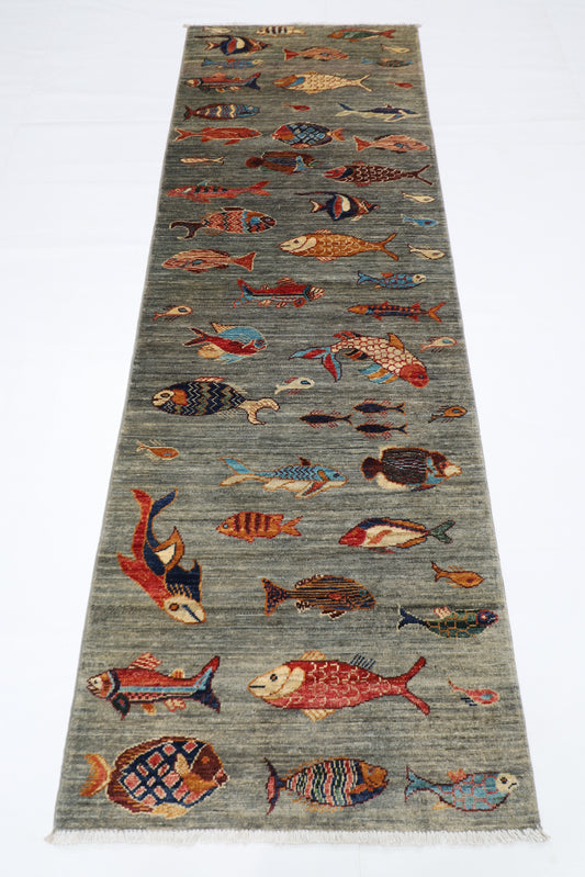 83 x 248 cm | Fish Party Afghan Tribal Hand Knotted Veg Dye Wool Runner