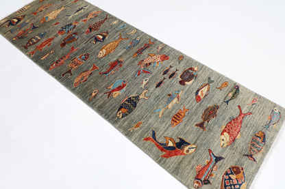 83 x 248 cm | Fish Party Afghan Tribal Hand Knotted Veg Dye Wool Runner