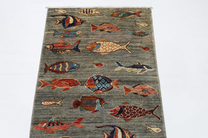 83 x 248 cm | Fish Party Afghan Tribal Hand Knotted Veg Dye Wool Runner