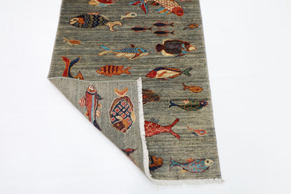 83 x 248 cm | Fish Party Afghan Tribal Hand Knotted Veg Dye Wool Runner
