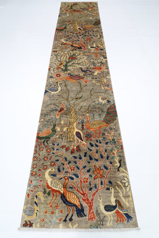 81 x 397 cm | Birds Afghan Tribal Hand Knotted Veg Dye Wool Runner
