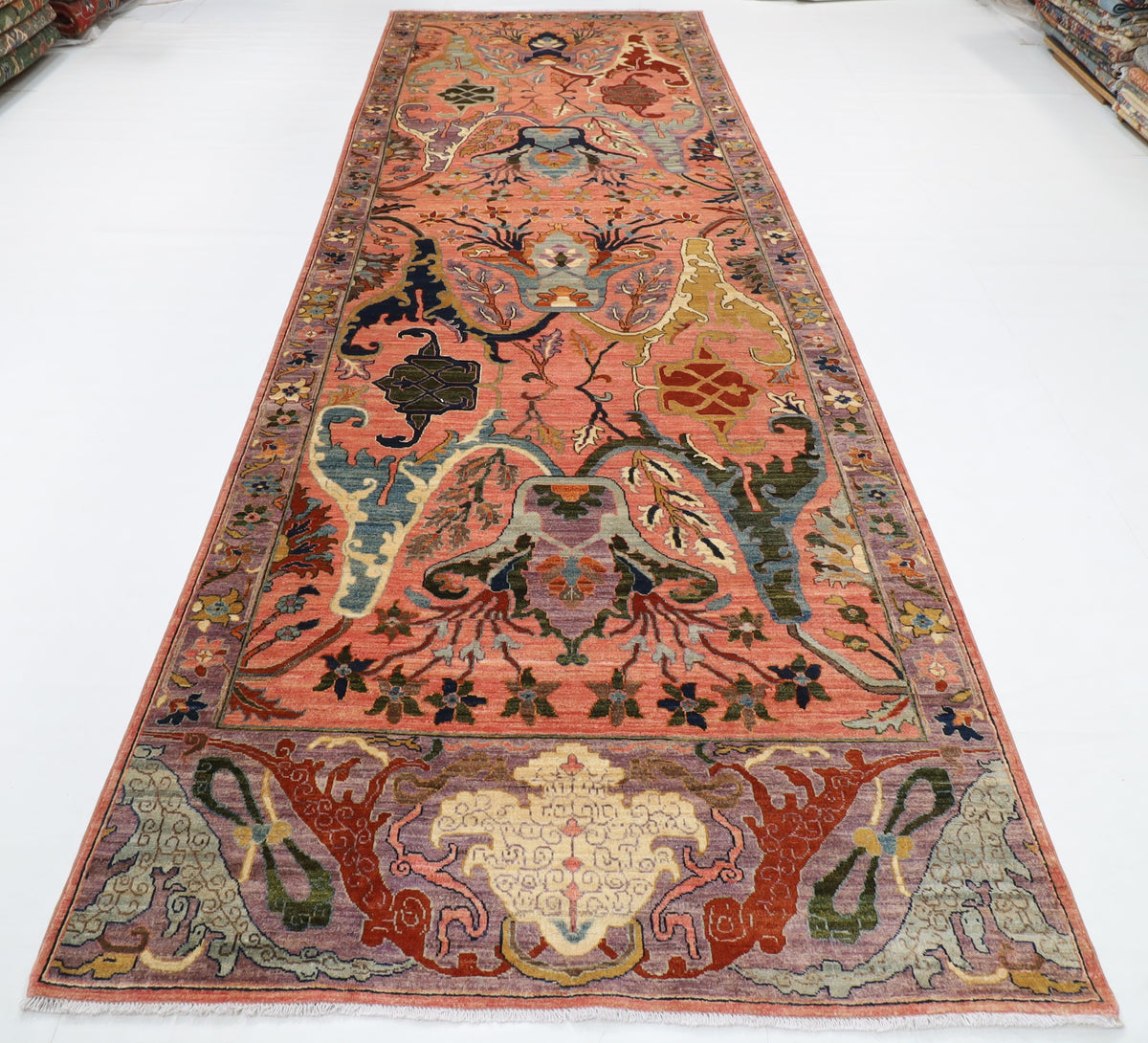 156 x 451 cm | Oversize kawros Pink Design Hand Knotted Wool Afghan Carpet