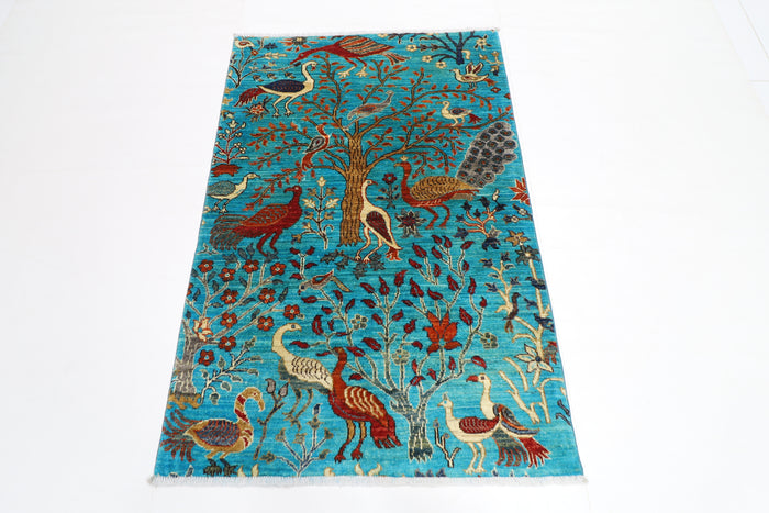 100 x 149 cm | Oriental Birds Area Rug Afghan Hand Knotted Veg dye Wool carpet