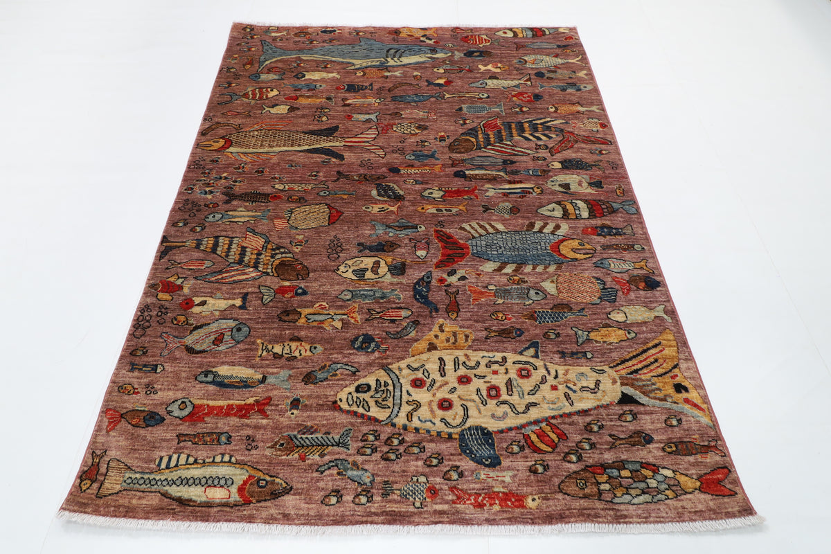 156 x 210 cm | Fish Design Hand Knotted Wool Afghan Carpet