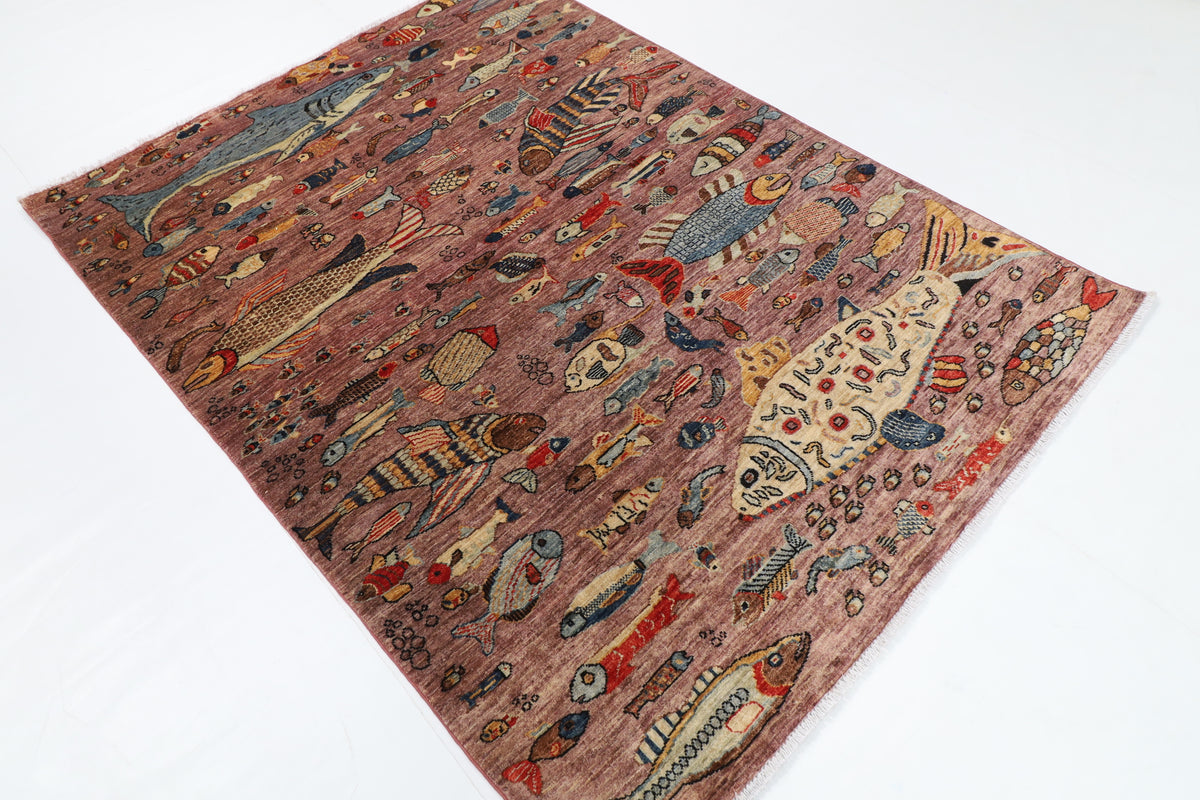 156 x 210 cm | Fish Design Hand Knotted Wool Afghan Carpet