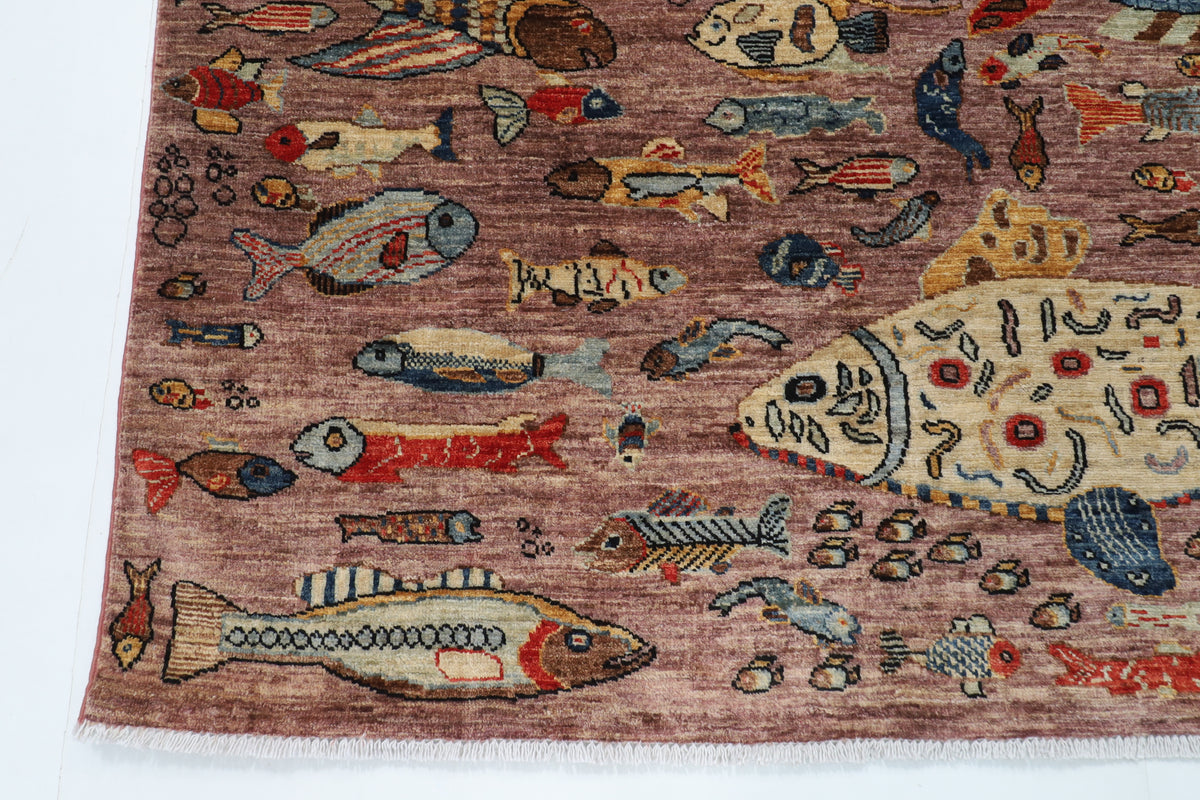 156 x 210 cm | Fish Design Hand Knotted Wool Afghan Carpet