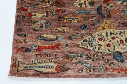 156 x 210 cm | Fish Design Hand Knotted Wool Afghan Carpet