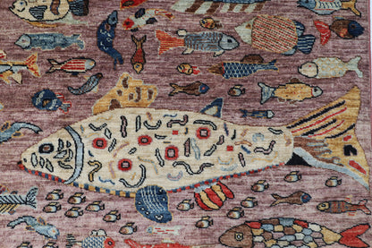 156 x 210 cm | Fish Design Hand Knotted Wool Afghan Carpet
