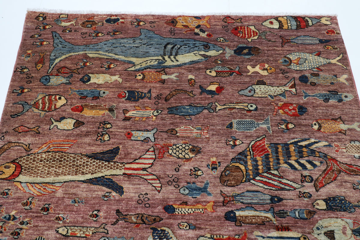 156 x 210 cm | Fish Design Hand Knotted Wool Afghan Carpet